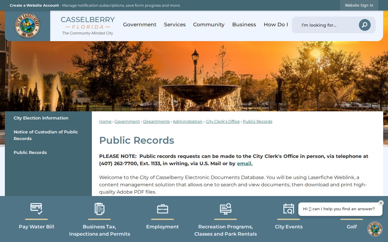Casselberry public records page with city document access and request information