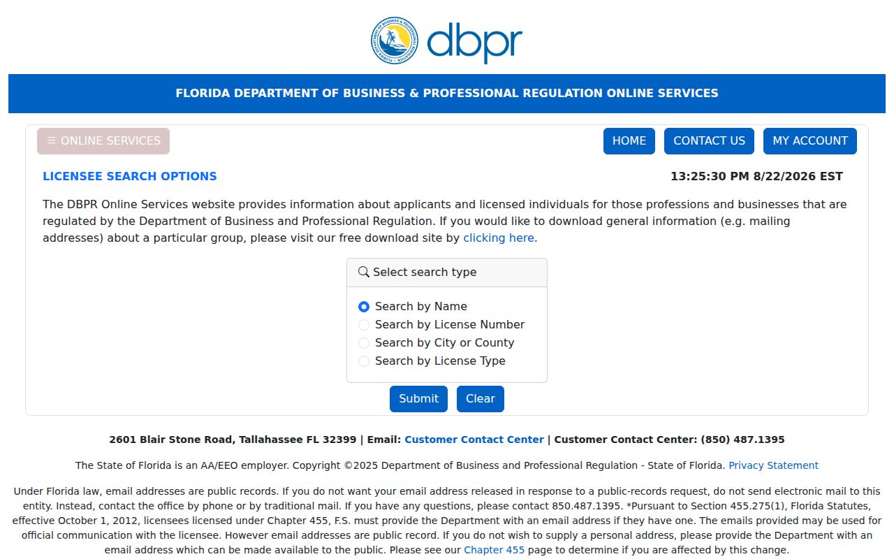Casselberry resident lookup on the Florida DBPR license search